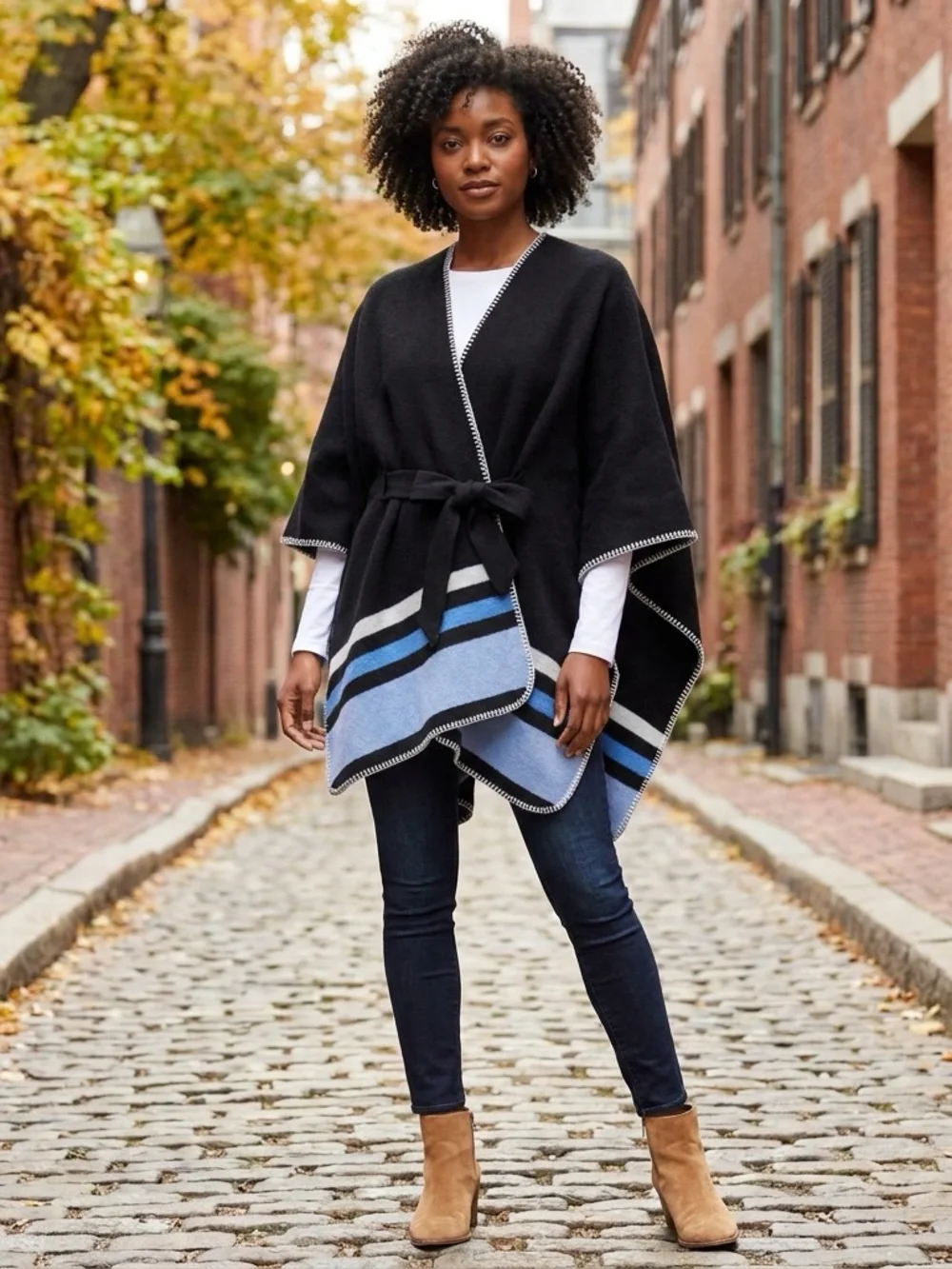 Shiraleah Twila Belted Cape Poncho Black Blue Stripe Stitch Detail